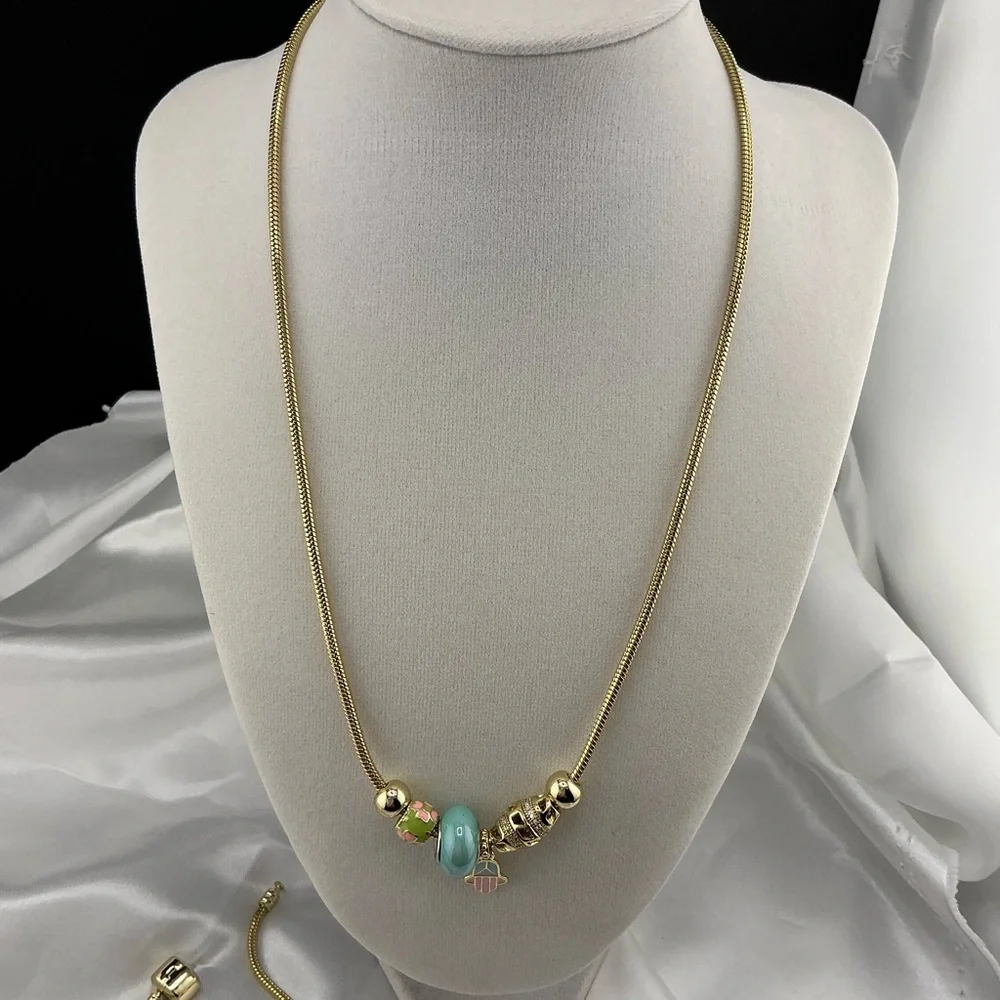14k‎ Laminated Gold Snake Necklace and Bracelet Set with Blue Round Glass Beads